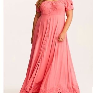 TORRID CORAL EMBROIDERED OFF SHOULDER MAXI DRESS Women’s Size 1 Button Casual.